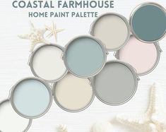 the coastal farmhousee paint palette is shown with starfish, shells and seashells