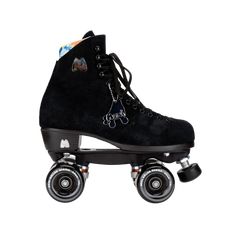 the roller skate is black with silver wheels and an embroidered design on the front side