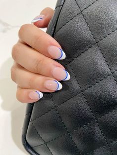 Nail Ideas For Traveling, Blue Hoco Nails Almond, Spirit Week Nails, Royal And Light Blue Nails, Blue And White Nail Ideas Short, Dip Tips Nails Ideas, Hoco Nails With Blue Dress, Navy With Gold Nails, French Tip Hoco Nails