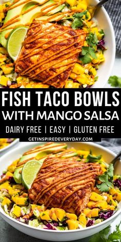 fish taco bowls with mango salsa and avocado garnish on top