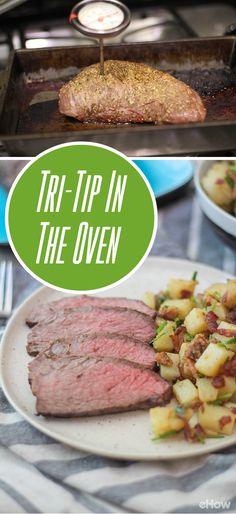 there is a roasting pan with meat and potatoes on it, and the words trip in the oven