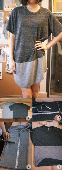 four pictures show different ways to sew a t - shirt