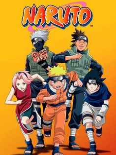 naruto and his friends are posing for a photo in front of an orange background