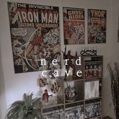 a living room filled with comic books and action figures on the wall next to a potted plant