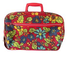 "Vintage floral suitcase is a reminder of the 60's and 70's for use at those slumber parties of the past. Bright & colorful in shades of red, blue, orange yellow and green. The inside interior is a complimenting red vinyl. Inner pocket is on the lid. This vibrant red floral suitcase would also be a fun piece to travel with! Perfect petitie size to hold your makeup, art supplies, current project, or your little one's small toys/Lego's. Slide this vintage case under a table, on top of a wardrobe, Retro Rectangular Travel Luggage, Red Rectangular Travel Case, Retro Rectangular Cases With Luggage Sleeve, Retro Rectangular Travel Case Bag, Floral Suitcase, Floral Luggage, Gift For Traveler, Small Suitcase, Old Suitcases