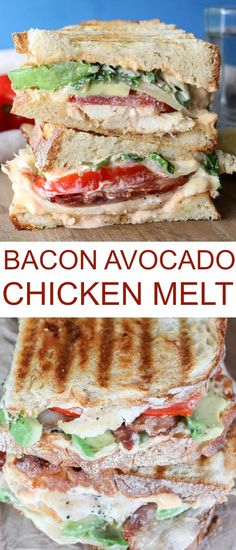 the bacon avocado chicken melt sandwich is cut in half and stacked on top of each other