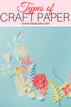 paper flowers and leaves on a blue background with text that says types of craft paper