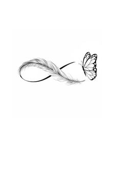 a black and white photo of a butterfly on a long tail with feathers in the foreground