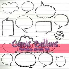 comic balloons and speech bubbles drawn on lined paper with pink border in the middle,