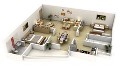 two bedroom apartment floor plan with living room, dining area and kitchen in the middle