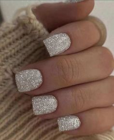 White Glitter Manicure, Sequence Nails, Toes Ideas, Wedding Pedicure, New Years Eve Nails, Nail Board, Glitter Pattern, Short Fake Nails, Nails Square