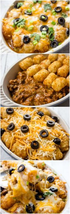 the steps to make an enchilada casserole with cheese and olives