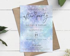 a wedding card with the words happily ever after party written on it next to some flowers