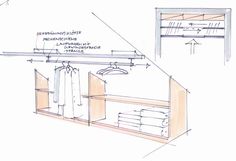 a drawing of a closet with clothes hanging on the rails and an open shelf above it