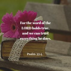 a pink flower sitting on top of an open book with the words for the word of the lord holds true, and we can trust everything he does