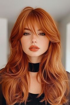 Sunset Copper Long Layers with Wispy Bangs,   fall hair color trends, autumn hair colours Wispy Bangs Red Hair, Long Layers With Wispy Bangs, Layers With Wispy Bangs, Bangs Red Hair, Autumn Hair Colours, Hair Wispy Bangs, Blackberry Hair Colour, 30 Hair Color, Autumn Hair