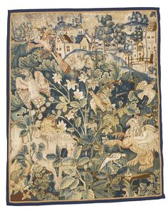 an antique tapestry with animals and flowers on it's border, in blue tones