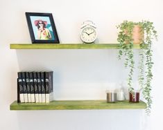 two green shelves with books, plants and an alarm clock on each shelf in front of them