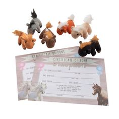 several stuffed animals are placed on top of a cheque card with the word certificate of point