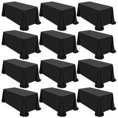 black tablecloths are arranged in rows on a white background