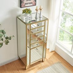 a gold mirrored cabinet with drawers in front of a window and potted plant next to it