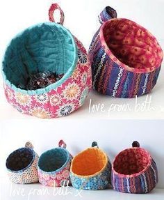 three baskets with different designs on them, one is made from fabric and the other has buttons