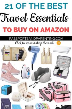 the best travel essentials to buy on amazon with text overlay that reads 21 of the best travel essentials to buy on amazon