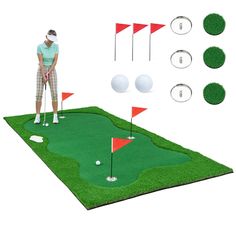 Skip the pricey golf courses! Practice putting skills anytime and anywhere with this realistic and premium golf putting green. Featuring 3 carefully designed holes, complete with 3 flags and golf cups, this golf putting green offers a variety of challenges to improve your precision and accuracy. The vibrant green surface mimics the texture and feel of a real golf course, giving you a real sense of the game. The non-slip backing keeps the mat securely in place, ensuring stability and preventing a Golf Cups, Diy Dog Gate, Green Mat, Golf Green, Golf Lover, Golf Training, Putt Putt, Golf Sport, Golf Balls