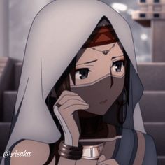 an anime character is talking on her cell phone while wearing a hoodie and looking at the camera