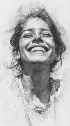 a black and white drawing of a smiling girl with her hair blowing in the wind