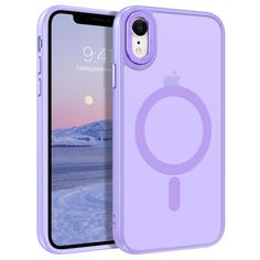 an iphone case with a circular design on the front and back, in lavender purple