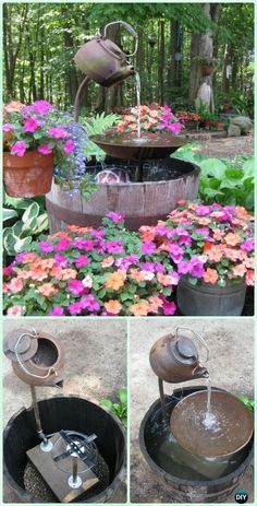 an outdoor fountain surrounded by flowers and potted plants with water pouring out of it