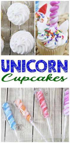 unicorn cupcakes with white frosting and rainbow sprinkles