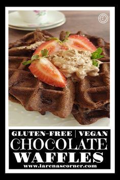 Close up of Gluten-Free Chocolate Waffles on a plate. Chocolate Waffles Easy, Chocolate Waffle Recipe, Chocolate Chip Waffles, Vegan Waffles, Chocolate Muffin, Vegan Cinnamon Rolls, Chocolate Waffles, Waffles Recipe