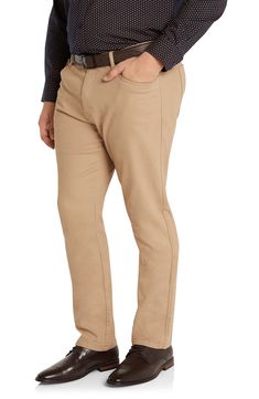 Stretchy cotton construction offers a flexible feel in versatile chino pants designed to work in the office or on the weekend. 32" inseam; 15 1/2" leg opening; 11" front rise (size 36)   99% cotton, 1% elastane   Machine wash, line dry   Imported Stretch Cotton Chinos For Business Casual, Cotton Chinos For Business Casual With Straight Leg, Business Casual Cotton Chinos With Straight Leg, Cotton Straight Leg Chinos For Business Casual, Business Casual Cotton Chinos With Five Pockets, Straight Leg Cotton Work Pants For Business Casual, Business Casual Chinos With Five Pockets, Twill Pants For Workwear, Stretch Cotton Work Pants For Business Casual