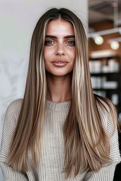 Woman with long, sleek straight hair and bold blunt ends wearing a beige sweater Long Straight Hairstyles, Long Hair Cuts Straight, Long Length Haircuts, Straight Haircuts, Hairstyles For Straight Hair, Straight Hair Cuts, Tapered Haircut, Straight Blonde Hair, Stunning Style