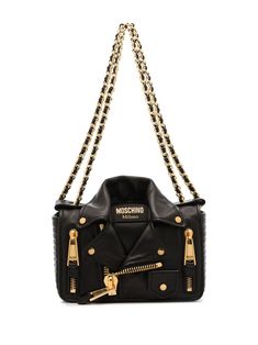 Black leather Biker crossbody bag from MOSCHINO featuring gold-tone hardware, chain-link shoulder strap and foldover top with magnetic fastening.