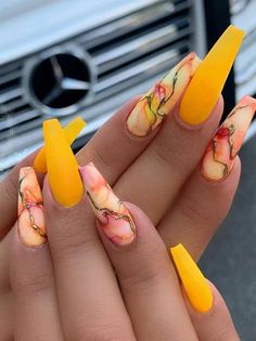 Fall Acrylic Nails, Coban, Coffin Nails Long, Nail Swag, Summer Acrylic Nails, Yellow Nails, Hot Nails, Nails Coffin, Coffin Nails Designs