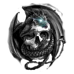 a black and white drawing of a skull with a dragon on it's head