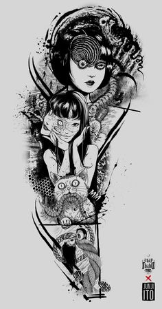 an ink drawing of two women with skis on their shoulders and one holding a cat