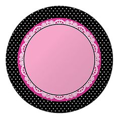 a black and white polka dot plate with pink lace on the border around the edge