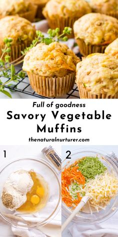 the steps to make savory veggie muffins are shown here