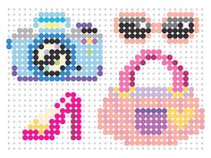 the pixel art is made with different colored dots and shapes, including an image of a purse