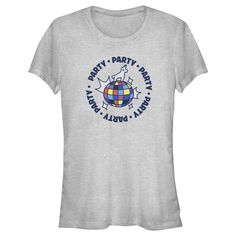 a women's gray t - shirt with the words party on it