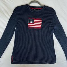 Vintage Ralph Lauren, Lightly Worn Ralph Lauren Blue Cotton Sweater, Blue Cotton Ralph Lauren Sweater, Flag Sweater, Usa Sweater, 90s Ralph Lauren, American Flag Sweater, Polo Ralph Lauren Sweater, Ralph Lauren Vintage, Vintage Ralph Lauren