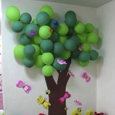 two stuffed animals sitting under a balloon tree