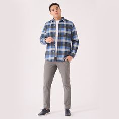 "Introducing our Plaid Flannel Check Shirt in mesmerizing tones of blue! This timeless shirt features a classic plaid pattern that adds a touch of rustic charm to any outfit. Made from soft and cozy flannel fabric, it offers both comfort and style. The versatile blue hues effortlessly complement any wardrobe, making it an essential piece for both casual gatherings and stylish outings. Whether you're layering it over a tee or pairing it with jeans, this check shirt is sure to become a wardrobe favorite. Embrace your love for on-trend fashion with our Plaid Flannel Check Shirt in tones of blue! Product Features: Tones of Blue Regular fit shirt Button Opening Patch pocket to the chest Functional cuff opening with button Point collar 100% Cotton Our Model is 6'1\" and Wears a Size Medium. To f Blue Check Shirt Mens Outfit, Plaid Cotton Flannel Shirt For Business Casual, Business Casual Plaid Cotton Flannel Shirt, Casual Plaid Flannel Shirt For Business Casual, Casual Business Plaid Flannel Shirt, Business Casual Plaid Flannel Shirt For Fall, Shacket Outfit, Tones Of Blue, Check Shirt Man