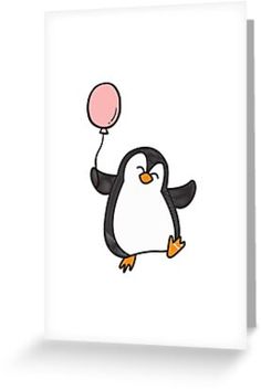 a cartoon penguin flying with a pink balloon