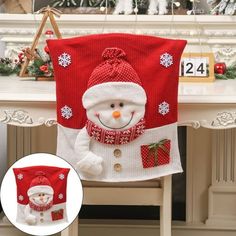 a red and white christmas decoration with a snowman hanging from it's back