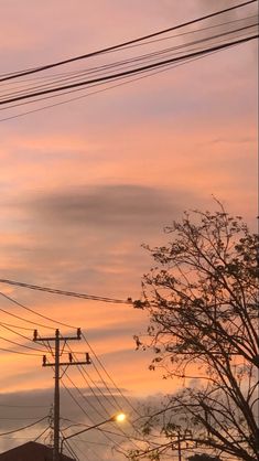 the sun is setting behind power lines and telephone poles with birds perched on top of them